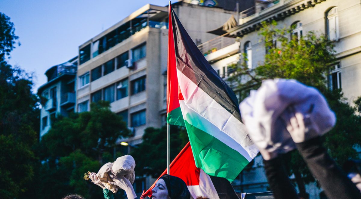 Fotografía tomada en la calle, en el centro de Santiago. Se ve la bandera de Palestina al centro, en la parte inferior marchas diversas personas. Destaca una mujer con el rostro pintado de blanco y burka negra, alzando a un niño en brazos.